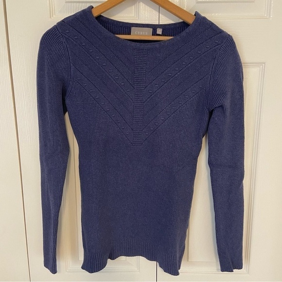 Cyrus Blue Ribbed Long Sleeve Sweater Stitching Detail Medium - Picture 2 of 8